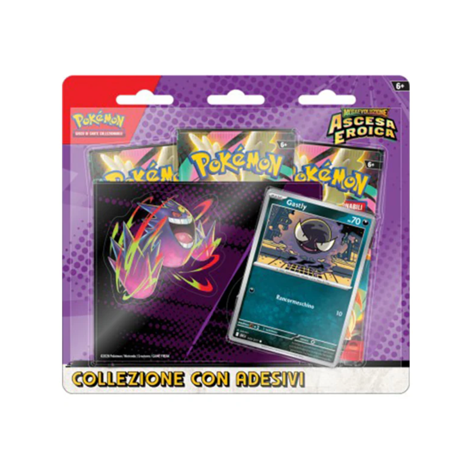 Pokémon Ascesa Eroica – Collezione con Adesivi Gastly | 3 Bustine + Carta Promo